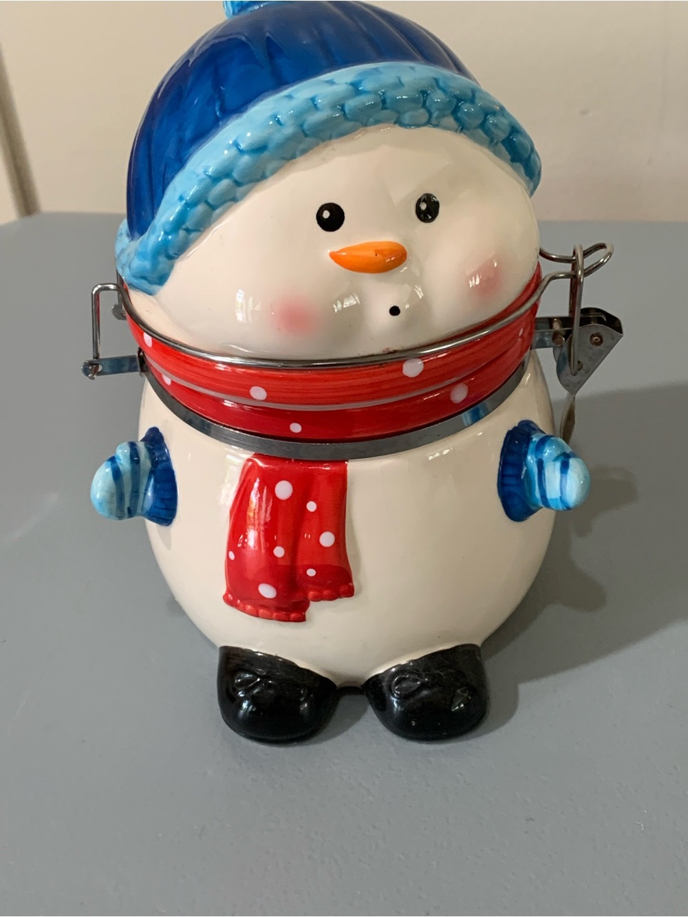 Blue-Hat Snowman Cookie Jar with Red Scarf - Holiday Home Decor